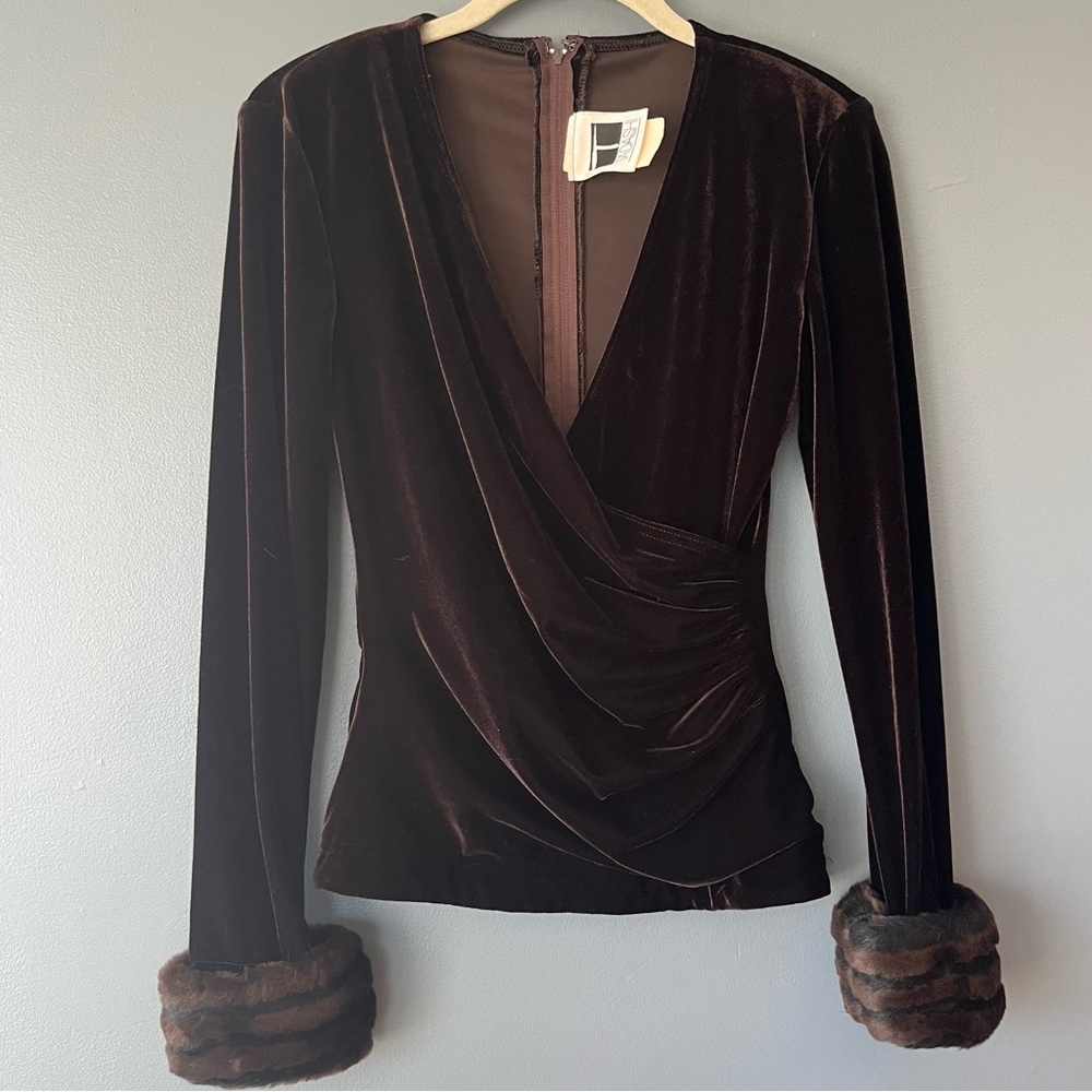 Vintage Tadashi Shoji Velvet and Faux Fur Wrap Top - Picture 2 of 6